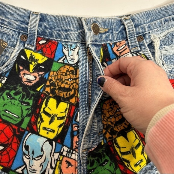 Coal N Terry Marvel Comic Print Frayed Hem Denim Shorts NWT - Picture 8 of 13